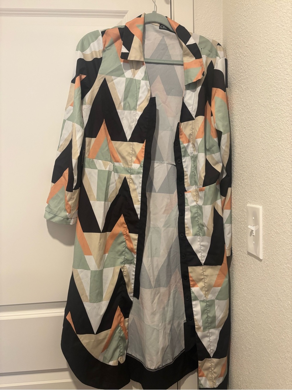Geometric Print Button-Up Shirt Dress in Mint, Peach & Black